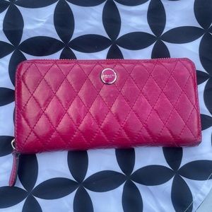 Coach, Poppy/Raspberry  quilted, zip around wallet